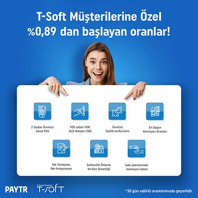 T-Soft müşterilerine özel PayTR ile %0,89'dan başlayan komisyon oranları! Hem de POS başvuru ücreti almadan!
